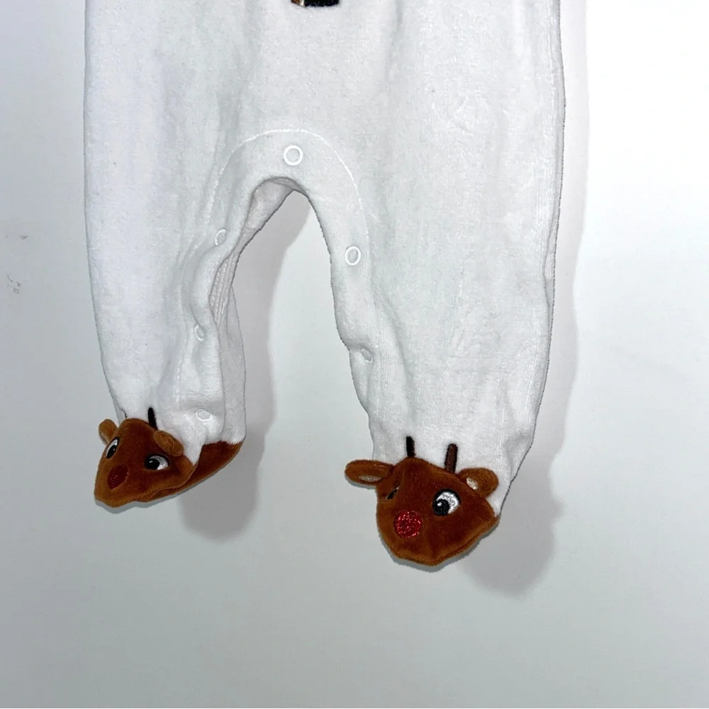 Baby Girl Rudolph 3‎ Month White Velour Christmas Footed Outfit